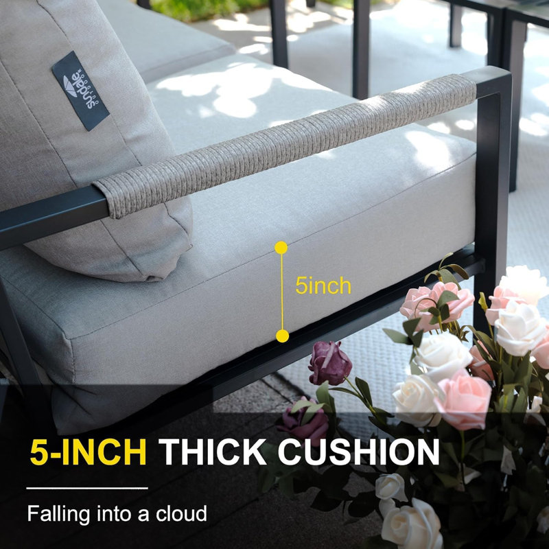 Metal 2-Person Patio Furniture Set, Outdoor Seating Group with Thick Cushions, Loveseat, Side Table, Warm Gray