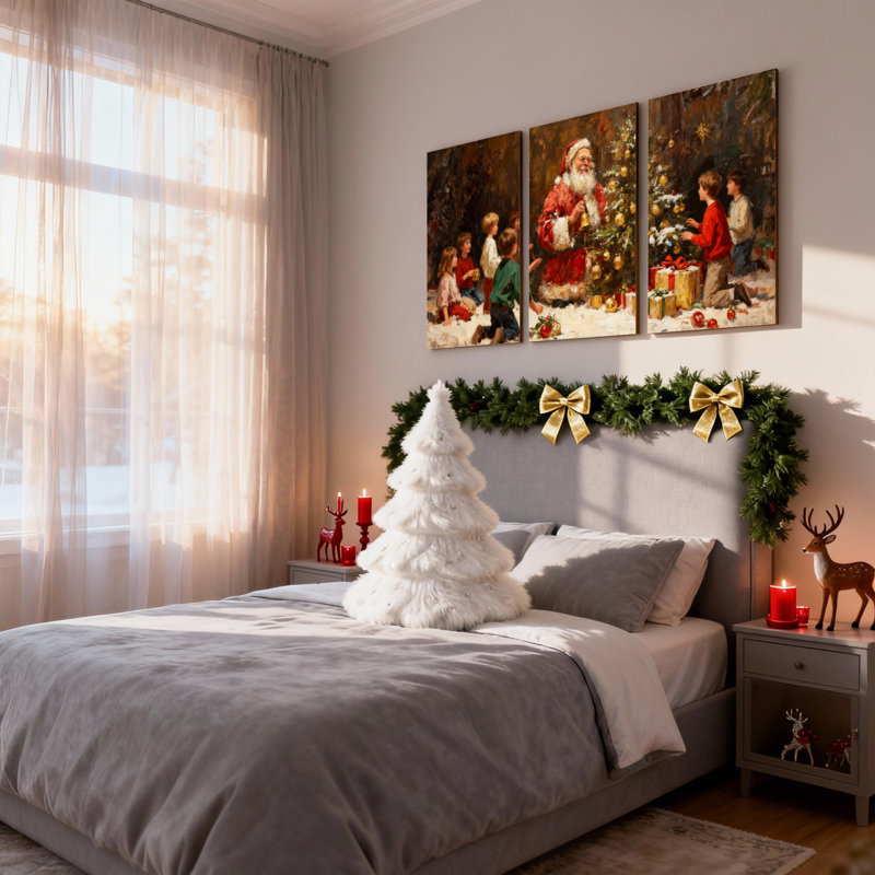 Ensemble de 3 impressions sur toile, père Noël avec enfants et arbre de Noël, H 30 po x l 60 po