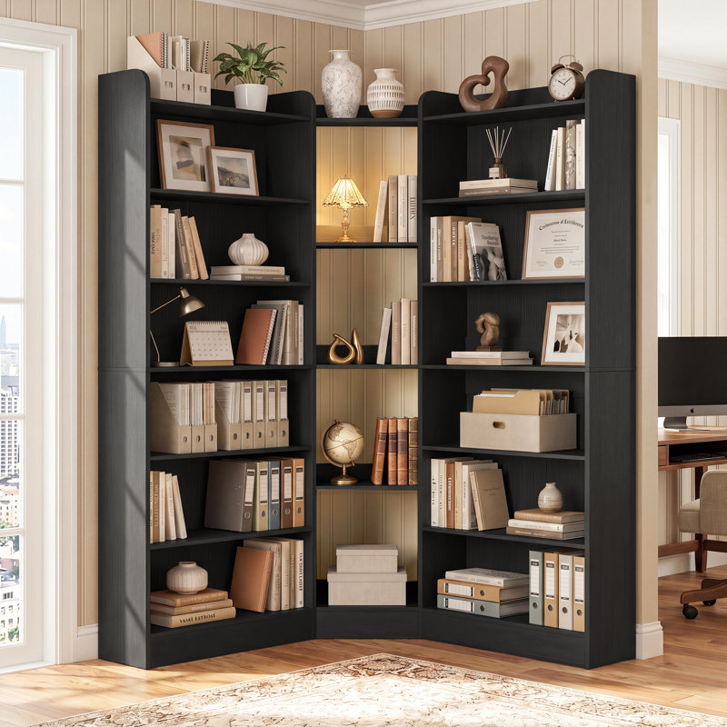 Bibliothèque en L en forme de L, étagère de rangement ouverte sur pied à 7 niveaux, Black