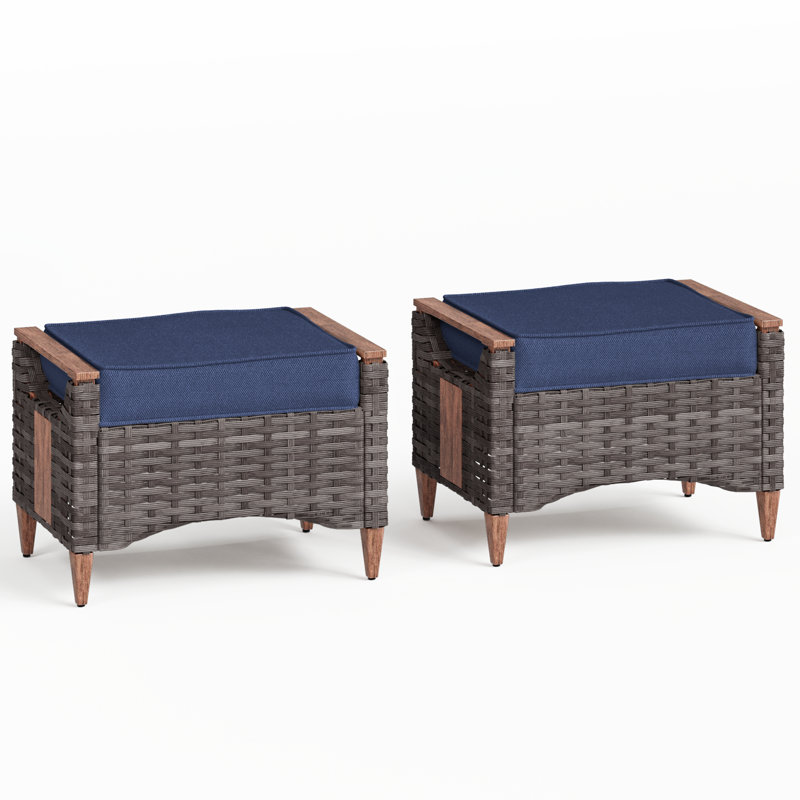 Melvarn Outdoor Patio Wicker Ottoman Set Of 2 With Cushion And Wood-look Finish, Blue