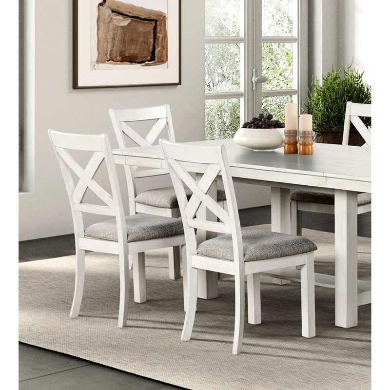 Table de salle à manger moderne et rustique 7 pièces avec table à tréteaux rectangulaire en chêne blanc et 6 chaises d'appoint en bois à dossier croisé de style transitionnel