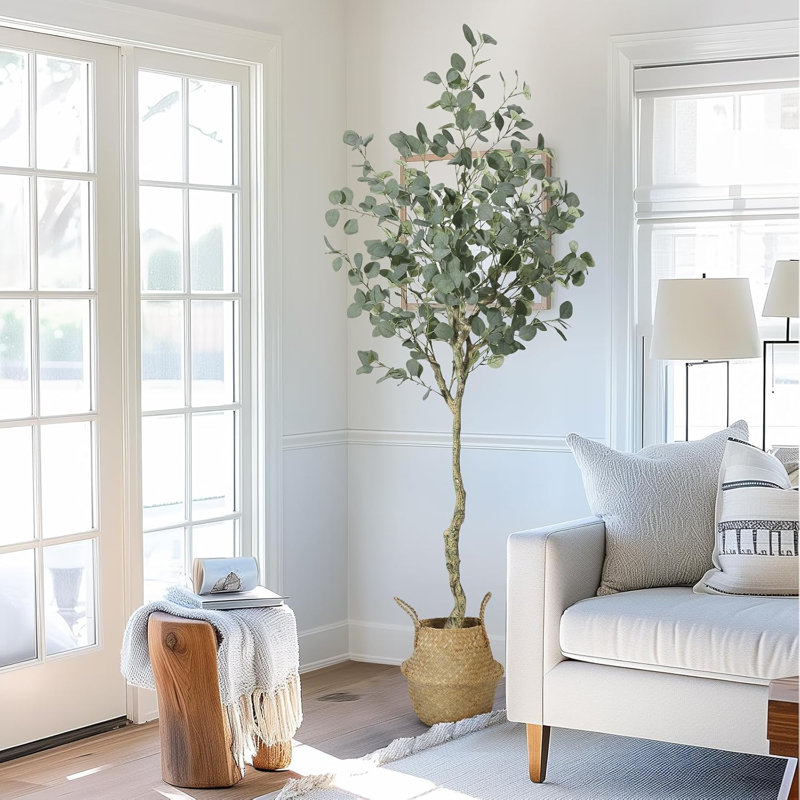 Arbre d'eucalyptus artificiel - Fausse feuille d'argent en pot de paille pour la maison et le bureau, Jaune