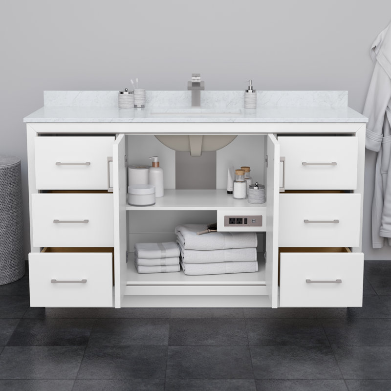 Icon 60" Single Bathroom Vanity Set with Mirror, White, Brushed Nickel