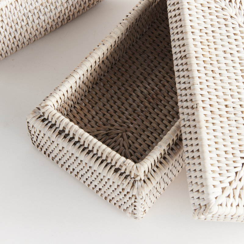 Burma Rattan Rectangular Lidded Boxes, White