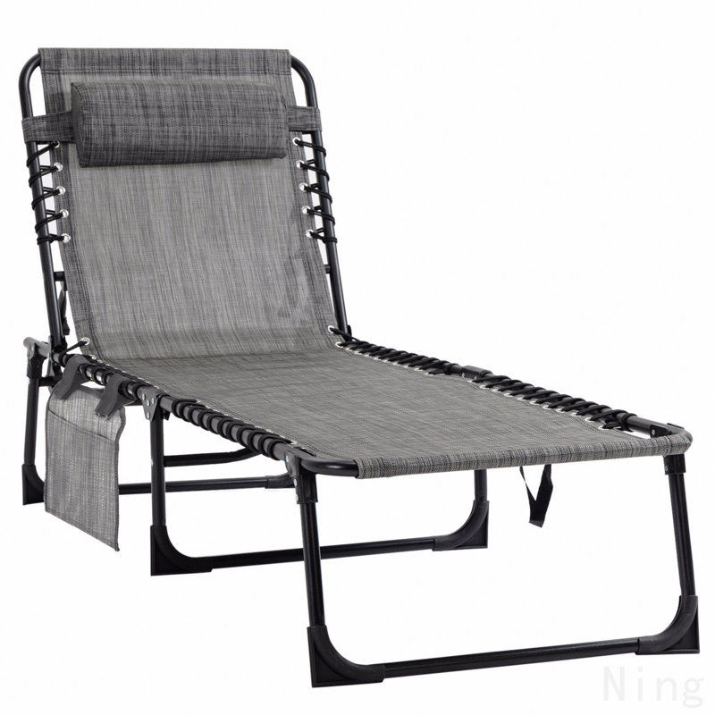 Reclining Chaise Lounge Chair, Portable Sun Lounger, Folding Camping Cot, With Adjustable Backrest And Removable Pillow, For Patio, Garden, Beach, Black