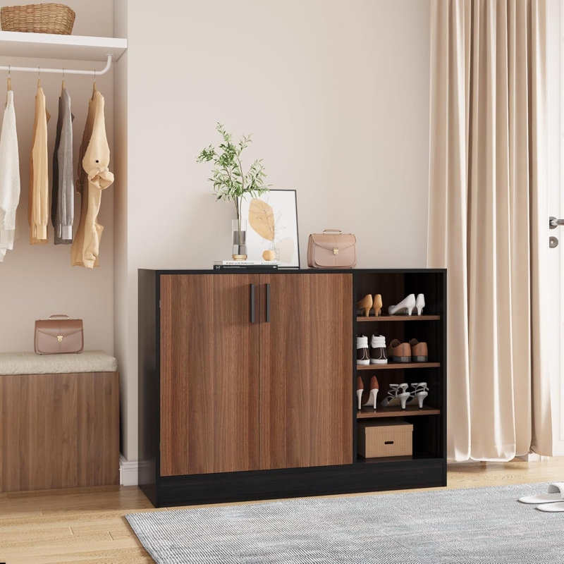 Latitude RunÂ® Shoe Cabinet, 4-Tier Shoe Rack With Doors And Open Storage Shelf, Black/Walnut