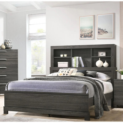 5 Open Compartments Wooden Eastern King Bed In Gray Oak Finish