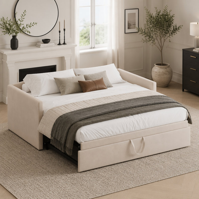 Lit de jour en velours avec lit gigogne, Beige
