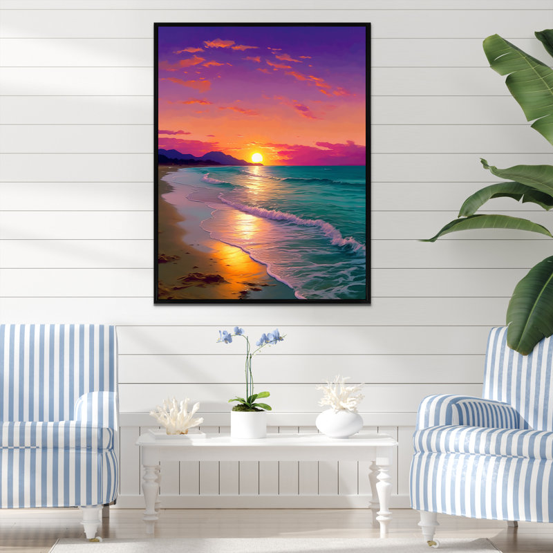 Coucher de soleil harmonie côtière sérénité II - plage de sable, art mural, Cadre flottant noir, 20" H x 12" W