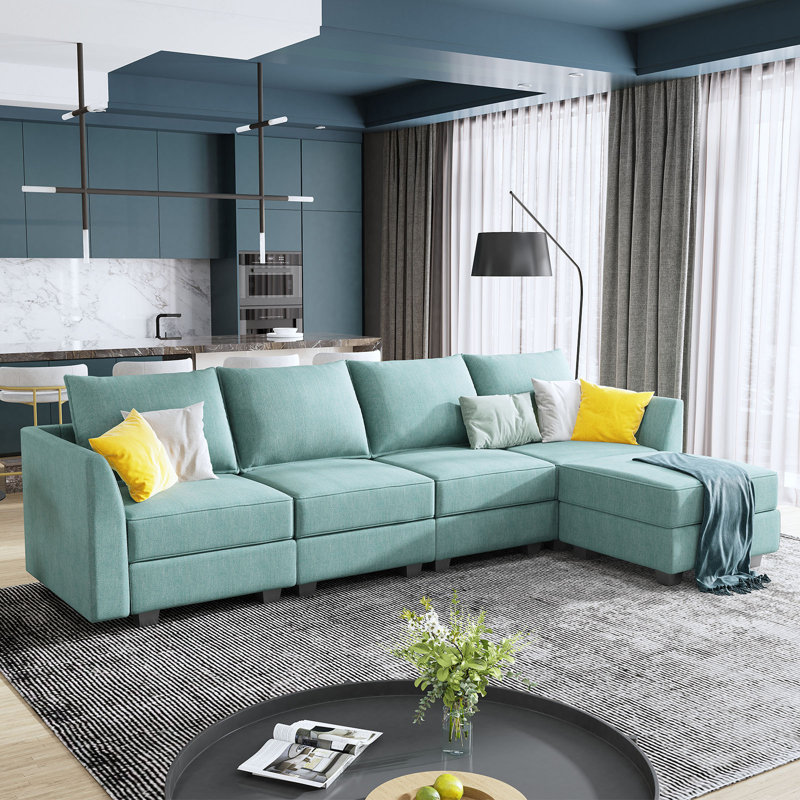 Manusite L-Shaped Reversible Modular Sectional Couch with Storage Ottoman, Blue