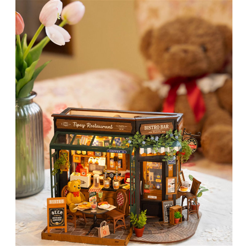 Ornements de décoration de mini maison de jouet Diy pour les restaurants, ensemble de construction de modèle de puzzle en bois 3D avec lumières DEL