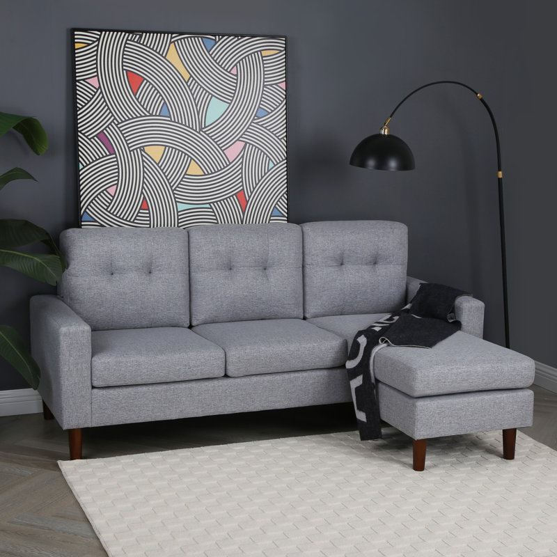 Pisa-Small 3 Seater Corner Sofa with Reversible Chaise - Woven Fabric, Dark Brown Wood, Grey