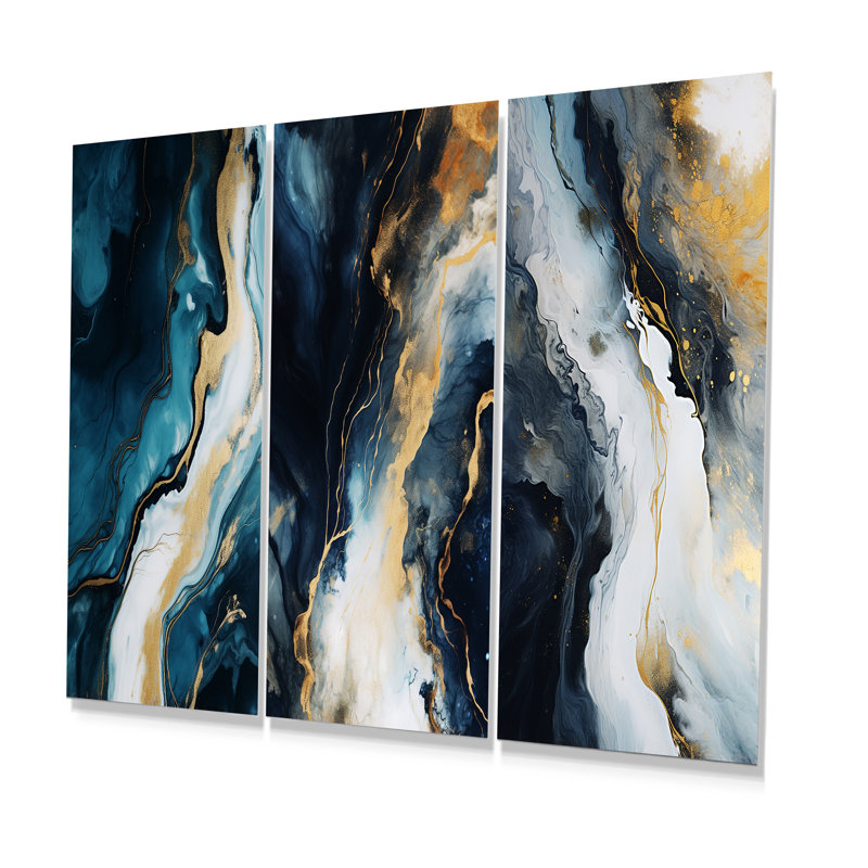Or et bleu, peinture abstraite sur marbre I - ensemble de 3 reproductions d'art en marbre abstrait, H 28 po x l 36 po