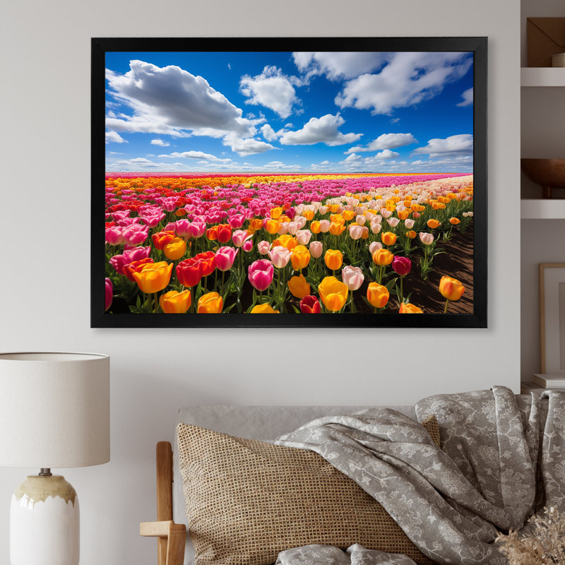 Champ de tulipes colorées I - art mural tulipe, H 30 po x l 40 po x P 1,5 po, Cadre d'angle fermé noir