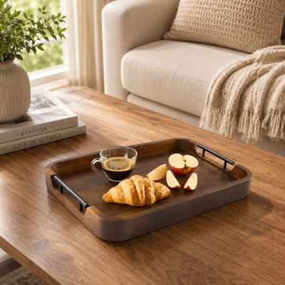 Acacia Wood Ottoman Tray with Handles, 17" x 13" Decorative Serving Tray for Coffee Table, Breakfast in Bed, Kitchen
