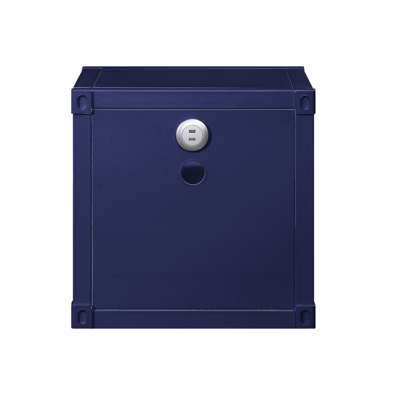 Table de chevet Enable de style industriel - finition cargaison bleue, 2 compartiments de rangement ouverts, plaque de fer moderne avec douille bleue, fabrication