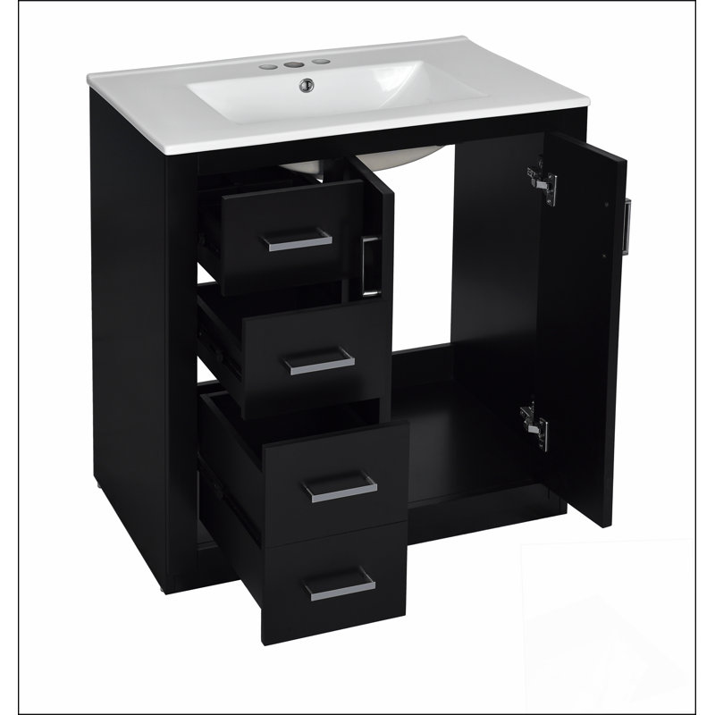 Ensemble de meuble-lavabo 30 po avec lavabo en céramique, armoire de rangement en bois massif, ensemble de meuble-lavabo autoportant avec 3 tiroirs et portes à fermeture douce