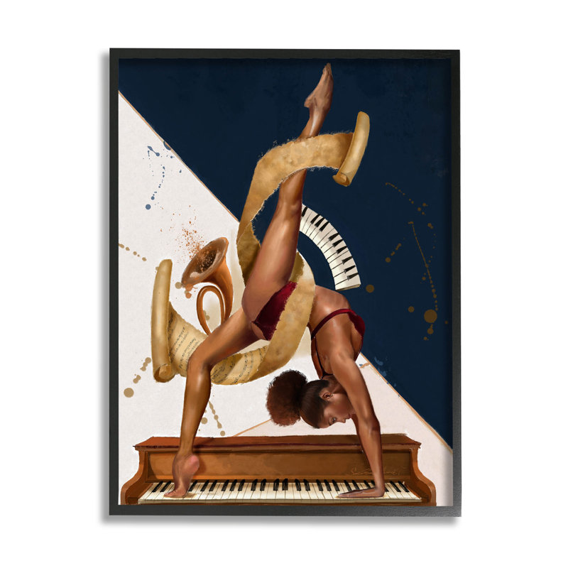 «Gymnastic Musician Girl Instruments», art de la giclée encadrée par Salaam Muhammad, Giclée encadrée noir minuit