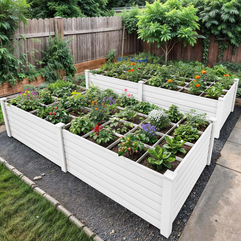 Raised Garden Bed 4x4x2 ft with Growth Grid, Large Resin Vinyl Above-Ground Planter Box