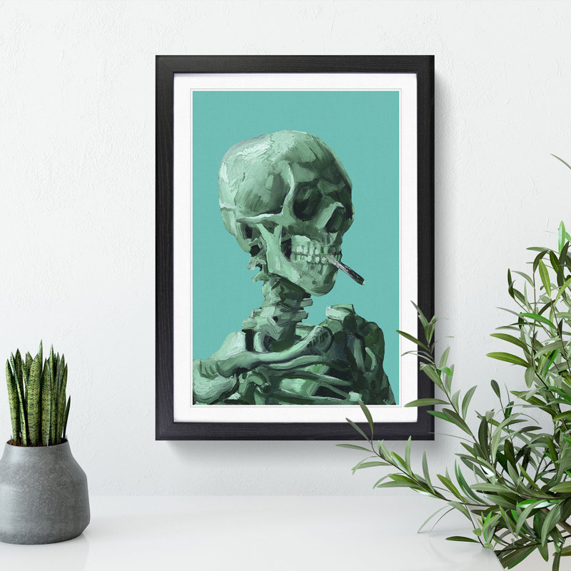 Blue Skull of a Skeleton with Cigarette by Vincent Van Gogh - Picture Frame Painting on MDF, Black, 48cm H x 36cm W x 2cm D