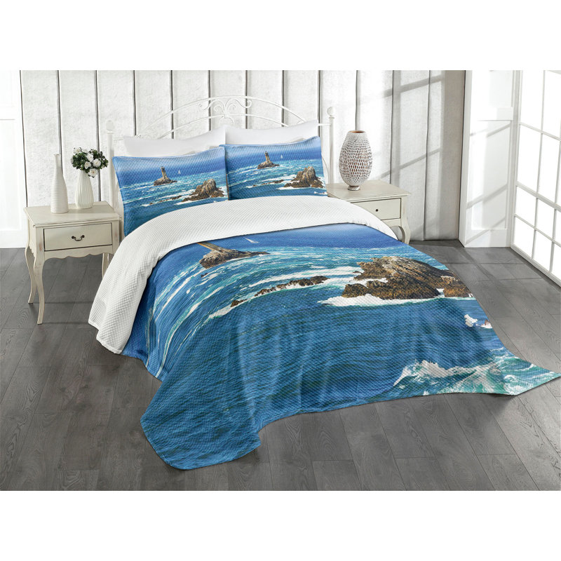 King Size White Quilted Bedspread Set with Ocean Print