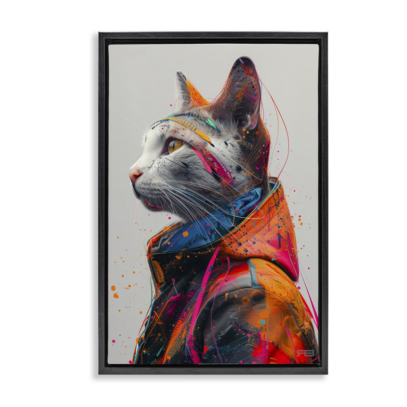 «Paint Splatter Cat», toile flottante encadrée par Roozbeh Bahramali, H 25 po x l 17 po, Cadre flottant noir de jais