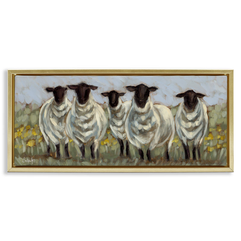  "Gazing Sheep Impression", art mural encadré par Sara, H 14 po x l 31 po, Cadre flottant métallique doré