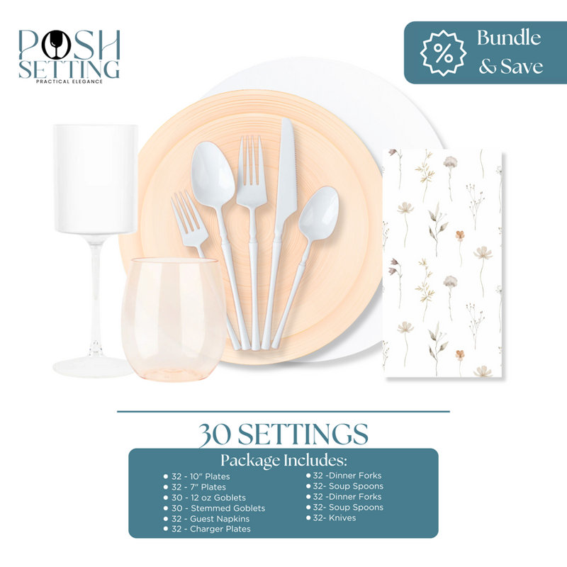 Ensemble de fête jetable en plastique de qualité supérieure Peach - conception en cristal (30 réglages)
