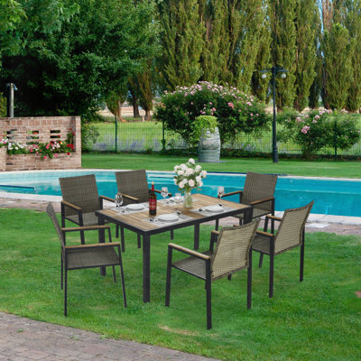 7-Piece Modern Patio Dining Table Set with Acacia Wood and PE Rattan