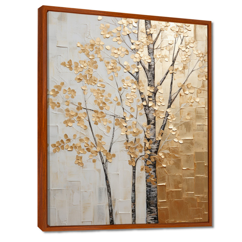 Minimalisme Golden Trees Harmony II - arbres, art mural, H 40 po x l 30 po x P 1,5 po, Cadre flottant brun