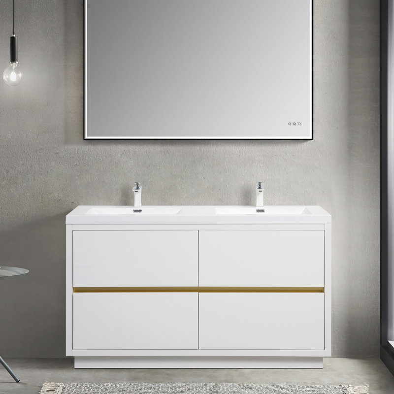 60" Freestanding Bathroom Vanity With Sink,Gloss, White