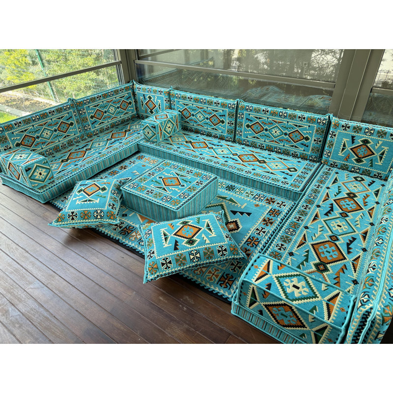 Ensemble de canapé avec repose-pieds Boho Chic avec repose-pieds et coussins, Sarcelle