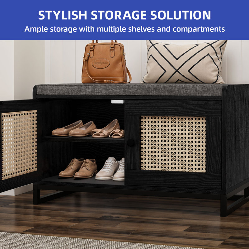 Modern Free-Standing Shoe Bench with Adjustable Shelves and Cushion