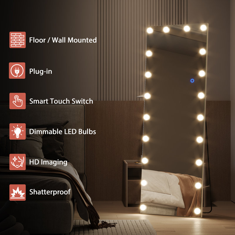 Parmjeet Metal Rectangle LED Floor Mirror, White