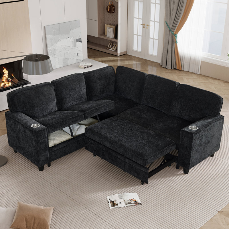 81" Reversible L-Shaped Sectional Sofa Bed With Pull-Out Sleeper, 5-Seater Chenille Fabric Couch With Storage Chaise, Built-In Usb/Type-C Charging Ports & Cup Holders