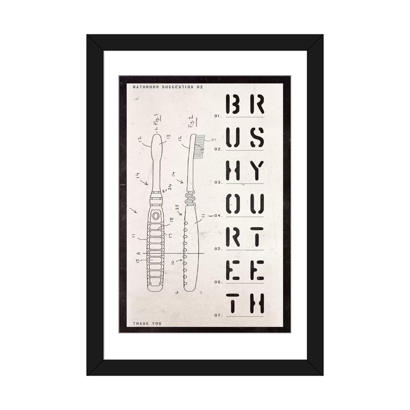 «Toothbrush Brevet Print», impression sur toile, H 32 po x l 24 po x P 1 po, Papier d'art encadré noir, Blanc