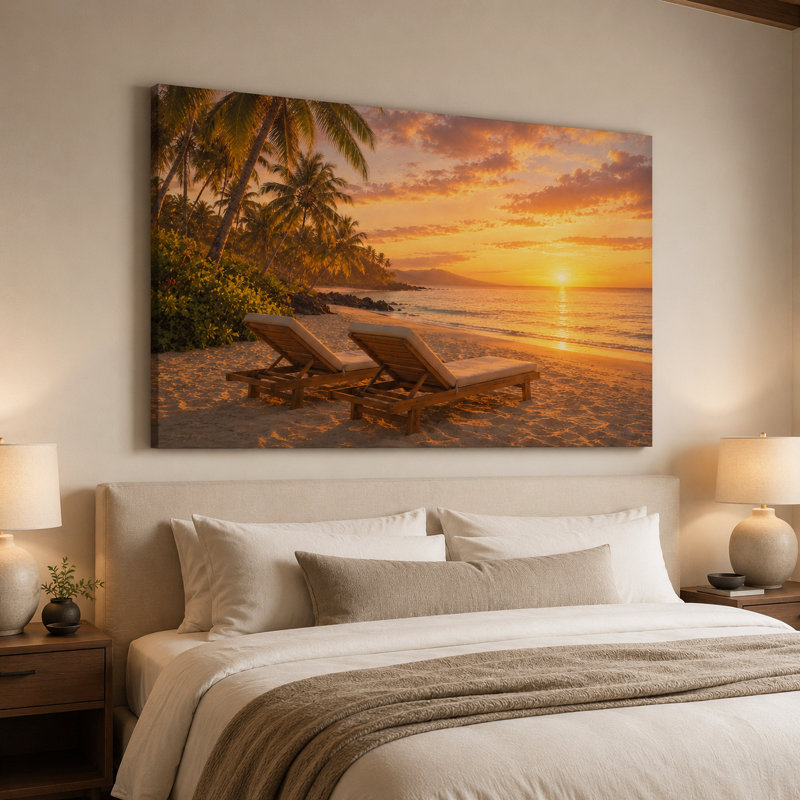 Coucher de soleil sur une plage, station balnéaire tropicale, art mural, 36"H x 48"W x 1.5"D