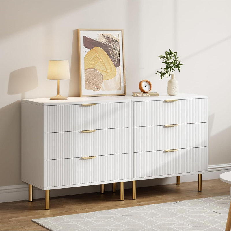 Modern 3-Drawer Wood Dresser with Gold Handles, White