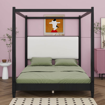 Lit à baldaquin en bois avec tête de lit tapissier épaisse, cadre de lit plateforme en bois à quatre affiches