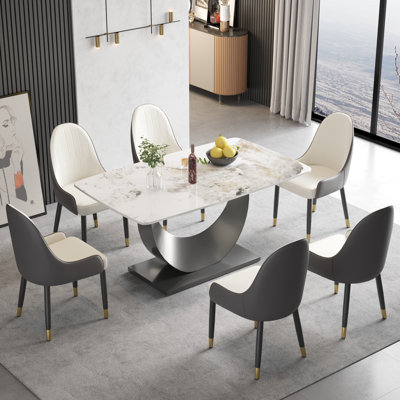 Ensemble de table de salle à manger à piédestal en pierre 7 pièces