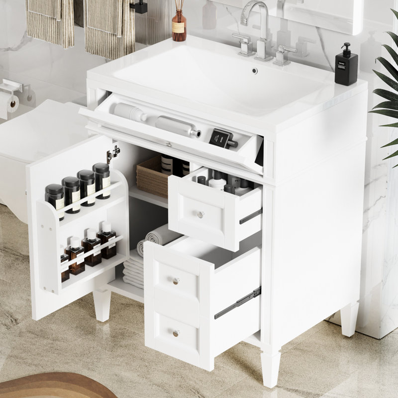 Meuble-lavabo moderne de 30 po avec lavabo supérieur, 2 tiroirs, tiroir coulissant, tablette réglable, glissières de tiroir en métal lisse, fonctions de rangement variées, pieds romains exquis, poignée texturée, blanc