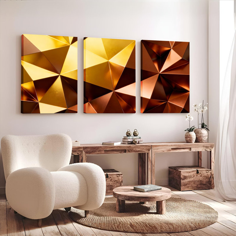 Ensemble de 3 tableaux géométriques abstraits d'or et de cuivre sur toile tendue, H 18 po x l 36 po