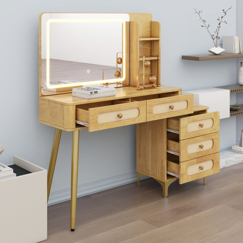 Vintage Dressing Table with Lighted Mirror, Rattan Design Drawers & Storage Shelf, Brown