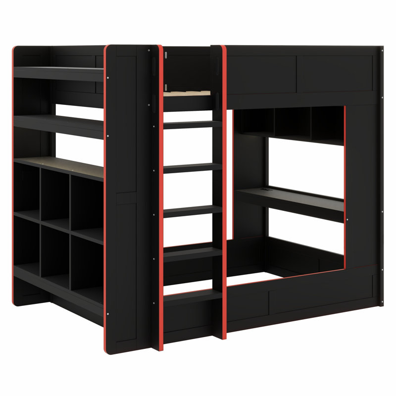 Structure de lit superposé en bois robuste avec bureau, tablettes de rangement, lumières DEL et station de charge