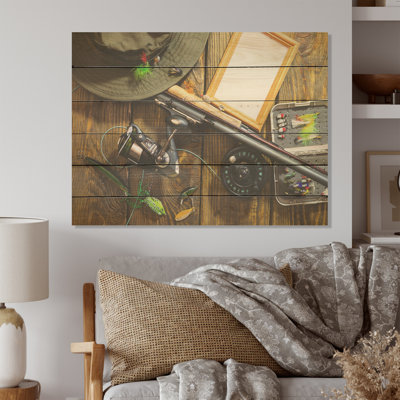 Équipement de finition - Chasse et pêche, art mural sur bois de pin naturel