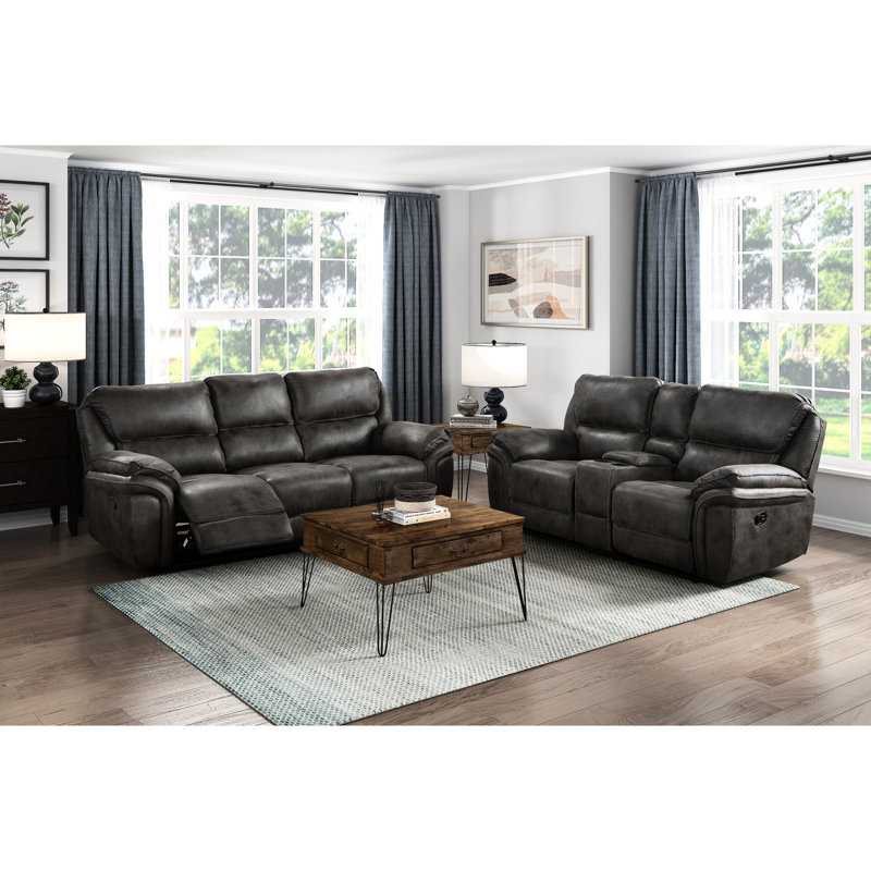 Fauteuil inclinable moderne 3 places en microfibre grise, structure en bois massif et contreplaqué, capacité de 136 kg par siège, inclinaison par tirette, coussins de dossier fixes, dossiers amovibles (3 places, dossiers, capacité de poids).