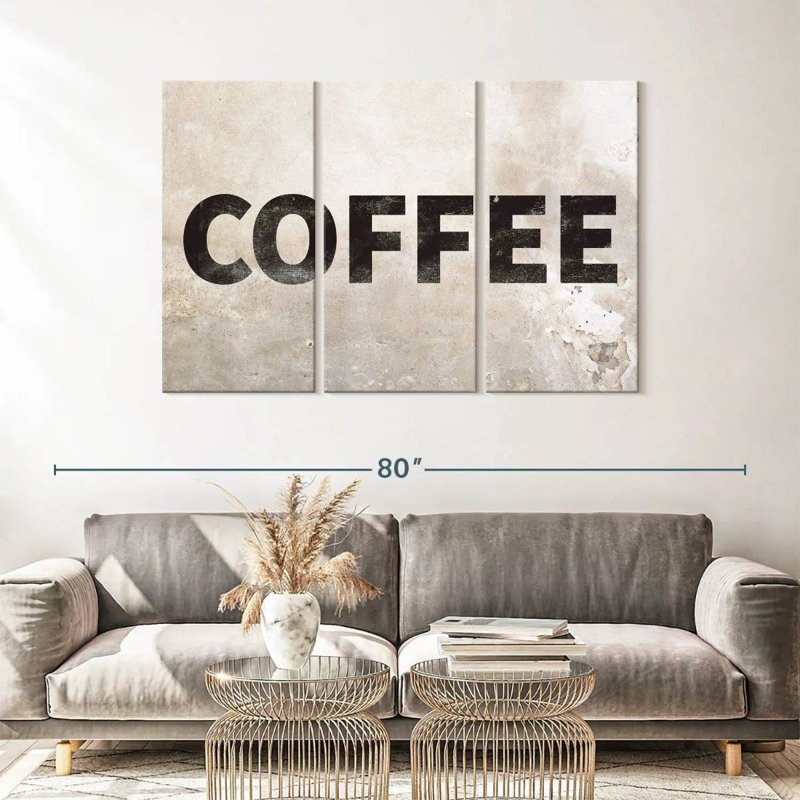«Coffee Grunge Signage», ensemble de 3 impressions sur toiles par Vintage Charm Collective, H 36 po x l 57 po x P 1,25 po