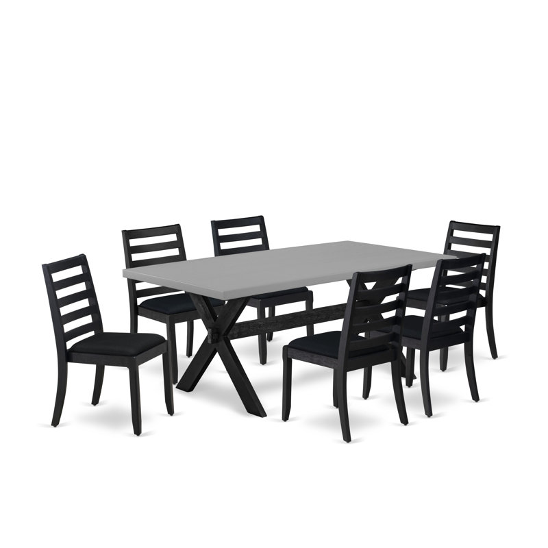 7-piece kitchen table set consists of a wooden table with top and 6 stackable chairs with Black Polyester Fabric - Wire-brushed Black