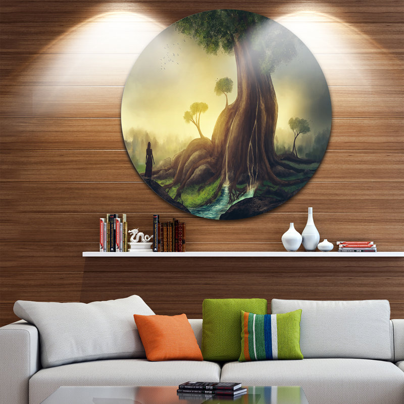 «Giant Tree with Woman», peinture, H 38 po x l 38 po x P 1 po, Métal
