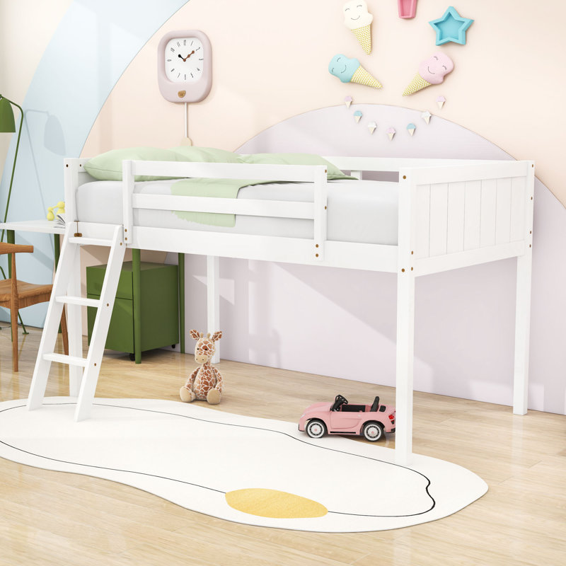 Lit mezzanine simple en bois avec garde-corps et échelle sécurisés, Blanc